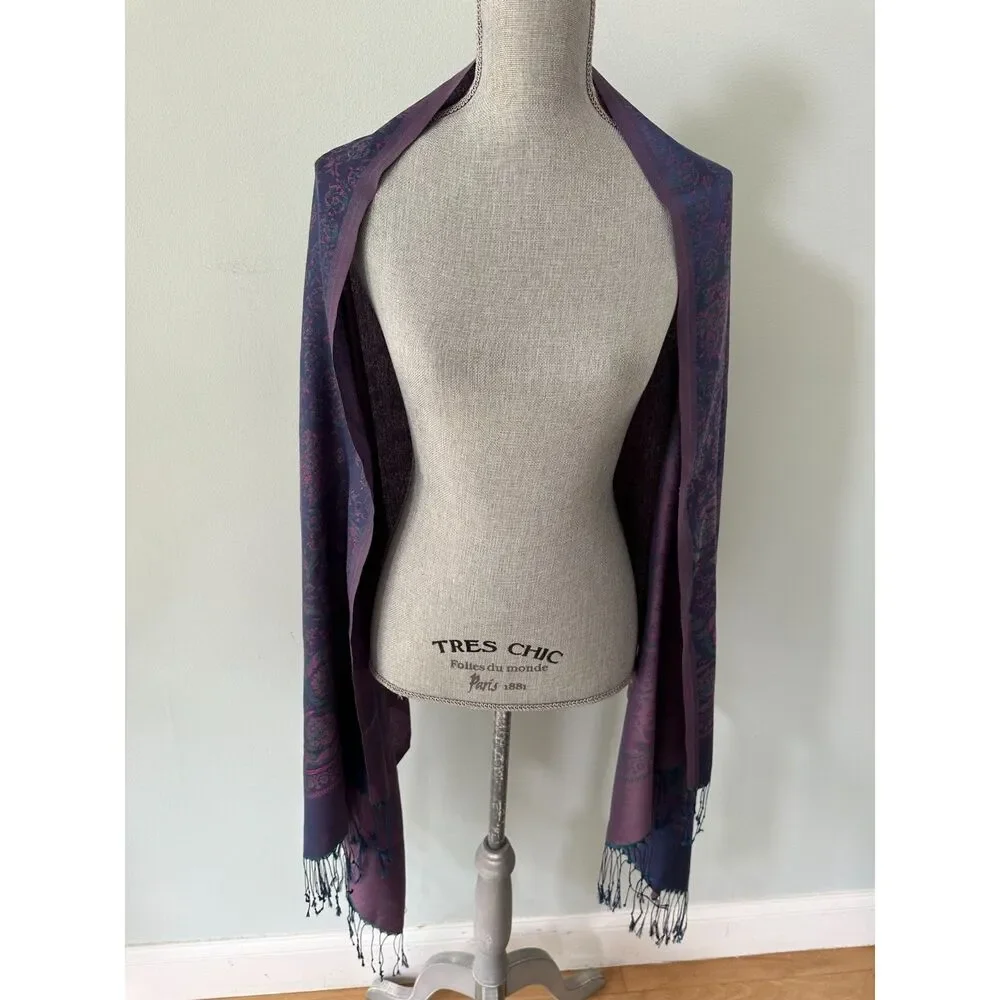 Vintage Silk Scarf Wrap Shawl Purple Magenta Floral Jacquard Fringe Edge Boho